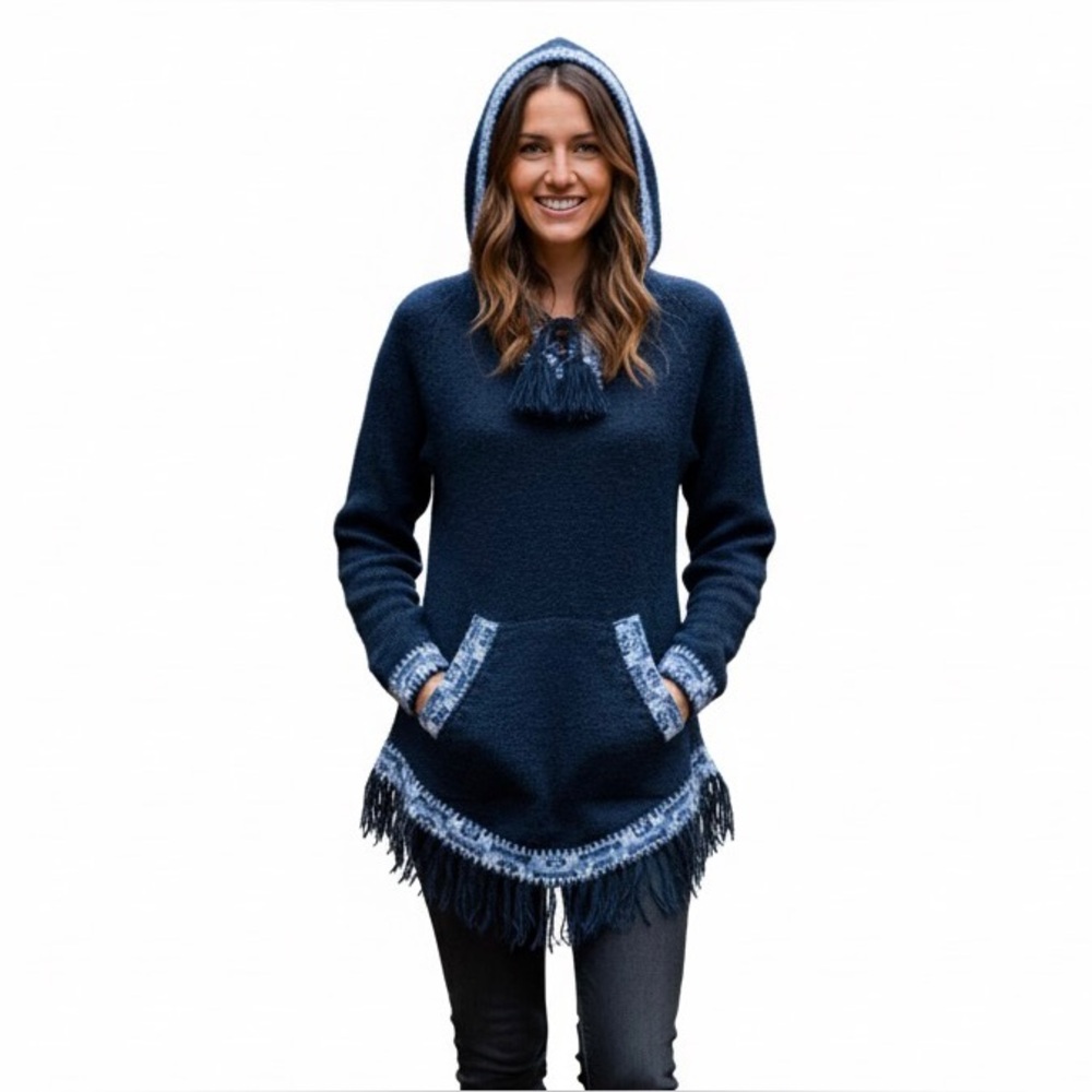 Alpaca Warehouse Size S Alpaca Hooded Sweater Navy Blue Peru Aztec Ethnic Fringe